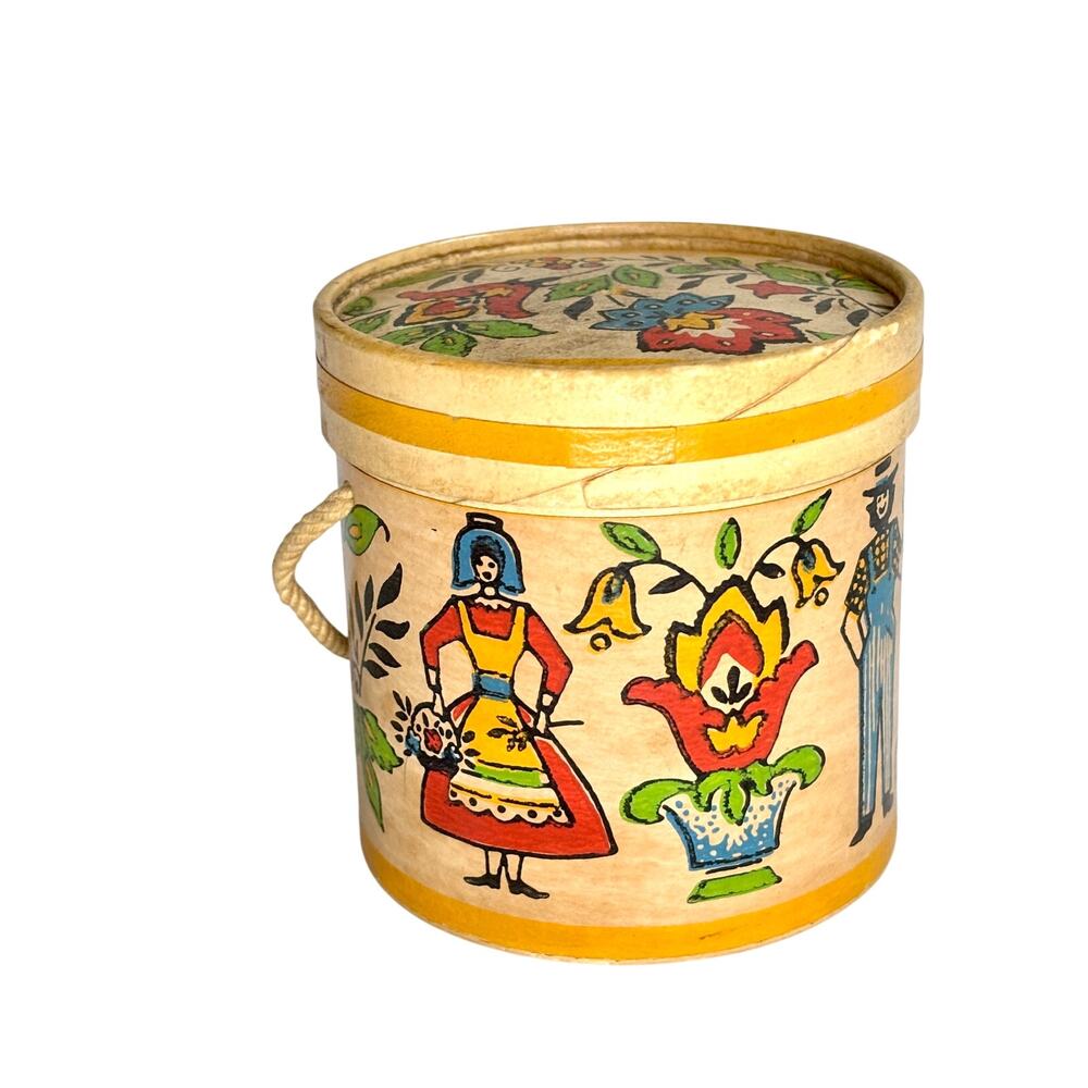Vintage European Folk Art Trinket Box Floral Figural Printed Cardboard Round